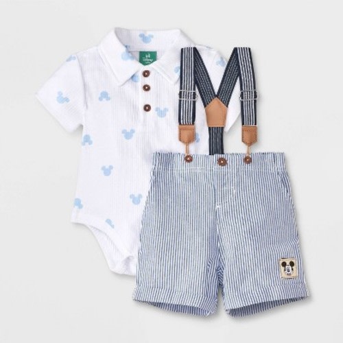Baby Boys' 2pc Disney Mickey Mouse Bodysuit & Shorts Suspender Set - Blue 3-6M