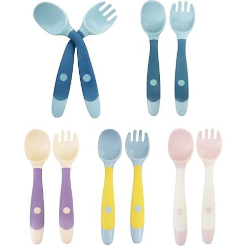 10 Pcs Toddler Utensils, Spoons and Forks Set with Bendable Handle, 5 Forks and 5 Spoons, Baby Feeding Set for Self Feeding