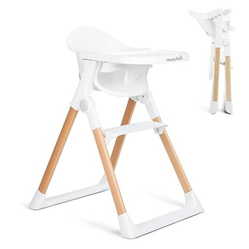 Munchkin Float Baby High Chair for Babies and Toddlers, Foldable for Easy Storage, White with Wooden Legs