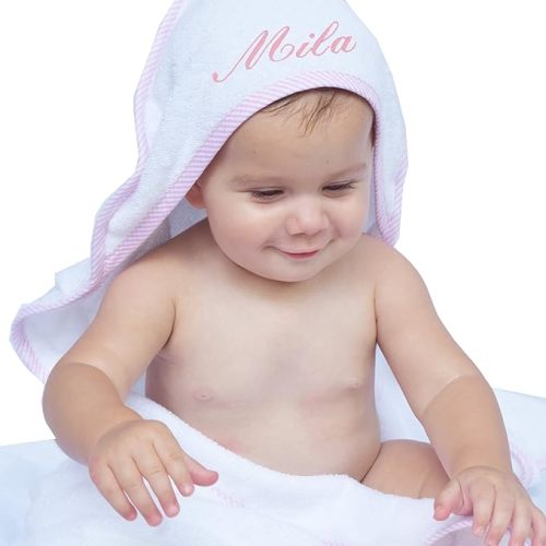My Personal Memories Personalized Baby Hooded Bath Towel - Monogrammed for Girl and Boy - Embroidered (White with Blue)