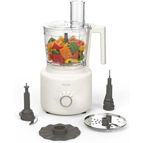 Martha Stewart Food Processor, 10-Cup Electric Chopper for Slicing, Shredding, Mincing and Puree, BPA-Free Twist & Lock Bowl, 3 Multipurpose Blades, Variable Speed Dial, Wide Feed Chute, Linen Cream