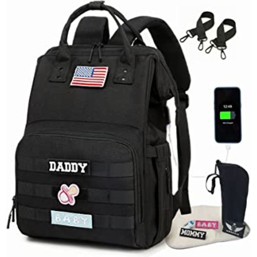 Diaper Bag Backpack for Dad and Mom with USB Charging Port Stroller Straps and Insulated Pocket,army military Travel Nappy Backpack for Daddy/Mommy (Black)