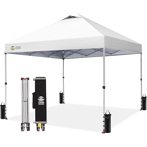 CROWN SHADES 10x10 Pop Up Canopy, Patented Center Lock One Push Tent Canopy, Newly Designed Storage Bag, 8 Stakes, 4 Ropes (10x10, White)