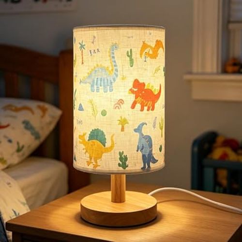 Lámpara de dinosaurio para dormitorio de niños, decoración de habitación de dinosaurio para niños, luz nocturna LED regulable de 3 vías con pantalla de tela de lino y base de madera para dormitorios