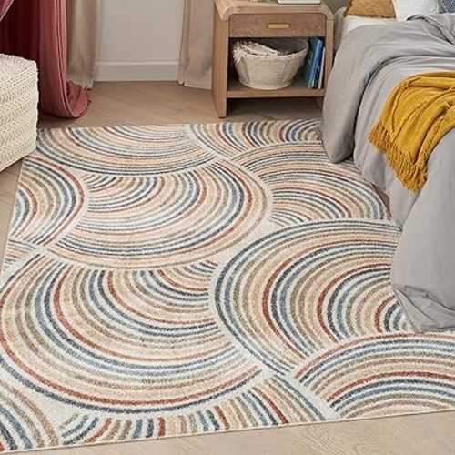 Nourison Astra Machine Washable Mid-Century Modern Ivory/Multi 5'3" x 7' Area Rug, Easy -Cleaning, Non Shedding, Bed Room, Living Room, Dining Room, Kitchen (5x7)