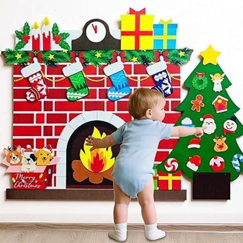 Felt Christmas Tree & DIY Christmas Fireplace, Montessori Felt Craft Mantel with Detachable Xmas Stocking Ornaments, School Activities Wall Felts Game for Little One Xmas Gift Party Decor