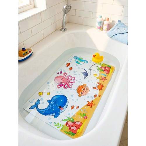 1pc Cartoon Ocean Life Bathroom Mat, Non-Slip Cartoon Bathroom Mat With Suction Cups And Drainage Holes, Size 70*40cm Bathtub And Shower Mat, Ocean Theme Decor, Ocean Animal Pattern Bathtub, Machine Washable, Baby Bathroom Supplies | SHEIN USA