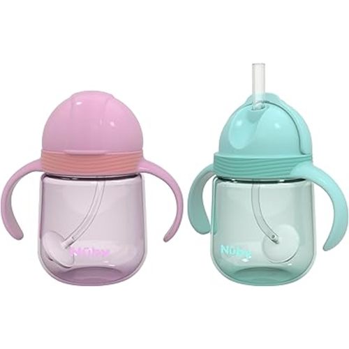 Nuby No-Spill Clik-it Silicone Straw Toddler Cup - (2 Pack) 8 oz - 360 Weighted Straw Toddler Sippy Cup for 1+ Year Old - Pink/Aqua