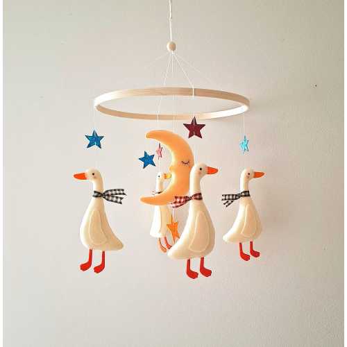 Vintage Goose Mobile for Nursery - Celestial Nursery Decor, Neutral Tones, Fairytale Style, Moon and Stars, Baby Shower Gift.