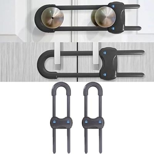 Sliding Cabinet Locks for Babies, Baby Proofing Adjustable U-Shaped Baby Safety Latches for Handles Knobs Drawers, Fridge, Closet, Cupboard, Closet with Secure Lock Buttons,2Pack (Gray)