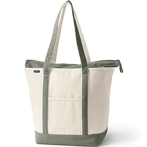 Lands' End Large 5 Pocket Zip Top Long Handle Canvas Tote Bag - - Natural/Dark Olive Green