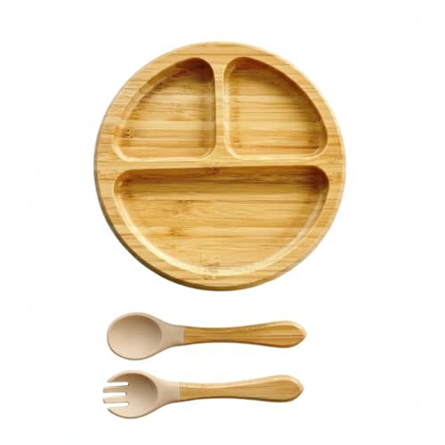 Bamboo Baby Plates with Suction, Toddler Plates for Self Feeding, Eco Friendly Baby Feeding Plate Set, Divided Plate for Baby Boy & Baby Girl, BPA Free, Easy Clean (Beige)