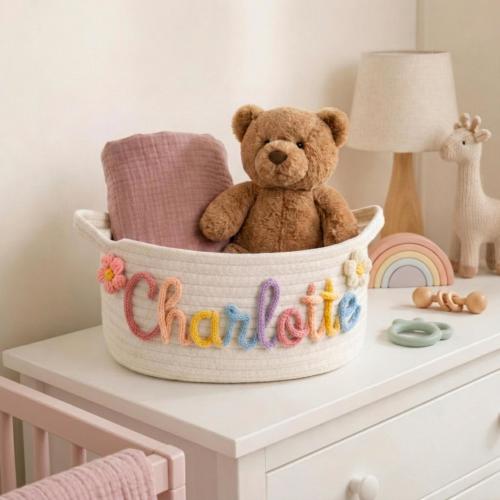 Personalized Baby Name Basket, Custom Woven Cotton Rope Basket, Nursery Storage Basket, Baby Shower Gift