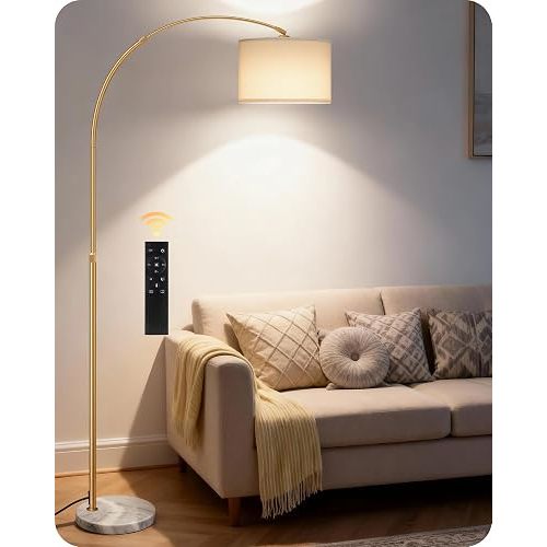 75" Dimmable Gold Arc Lamp with Marble Base, Adjustable Height, White Shade