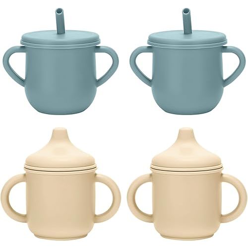 Silicone Toddler Cups Set, 2 Straw Cups and 2 Sippy Cups for 6+ Months Baby, Leakproof Spillproof Training Cups with Handles, Easy Clean (Blue+Beige)