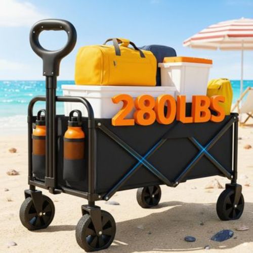 Foldable Collapsible Durable All Terrain Utility Pull Camp Beach Wagon- Black
