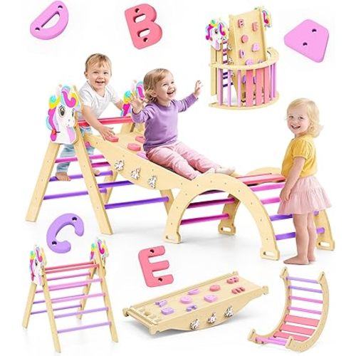 Pikler Triangle Climbing Set - 11-in-1 Foldable Montessori Climbing Toy for Toddler 18M-7Y, Wooden Indoor Jungle Gym with Arch&Ramp&Ladder, Kids Climbing Toys Playset for Playroom & Backyard