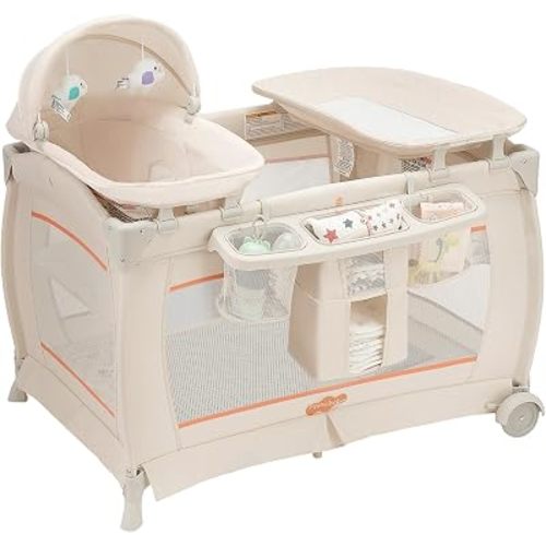 Pamo Babe Portable Crib Baby Playpen Travel Playard Infant Changing Table (Playpen, Beige)