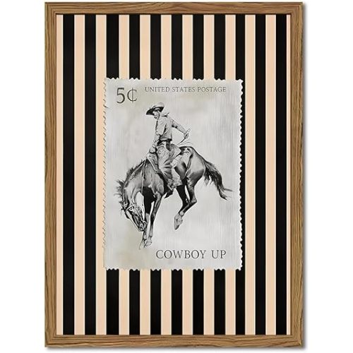 Vintage Western Wall Art, Rodeo Cowboy Horse Postage Wall Decor Mid Century Southwest With Stripes Western Canvas Prints for Living Room Bedroom Bathroom 12x16 inch Framed