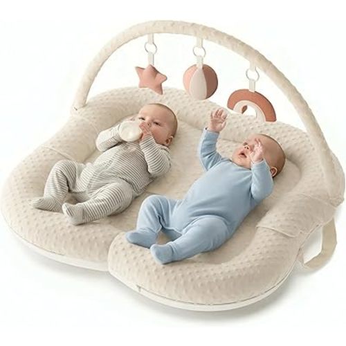 Twins Baby Play Mats for Floor Activity Gym - 5-in-1 Support Cushion Baby Play Mat Tummy Time Mat for Supervised Bonding with Arch, Plush Toys, Flashcards & Developmental Book - Beige