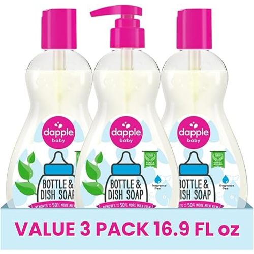 Dapple Baby Fragrance Free Bottle & Dish Soap - (3 Pack) 16.9 fl oz - Cleans Baby Bottles, Sippy Cups, Pacifiers, Breast Pumps, & More - Gently Removes Milk Film & Odors - Includes 1 Pump