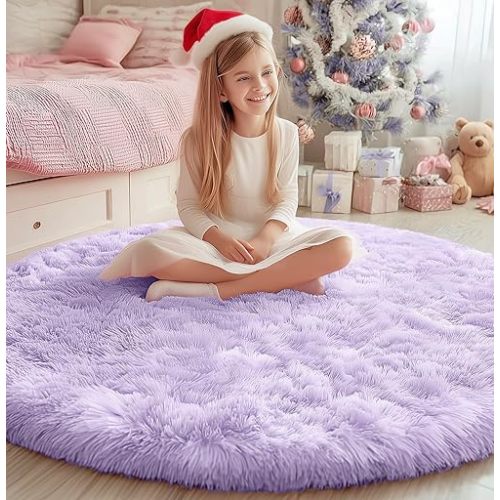 PAGISOFE Round Rugs 5Ft, Purple Area Rug, Circle Rug for Kids Bedroom, Fluffy Shaggy Carpets, Indoor Small Teepee Furry Mat, Comfy Reading Carpets, Circular Rugs for Girls Baby Room Decor Aesthetic