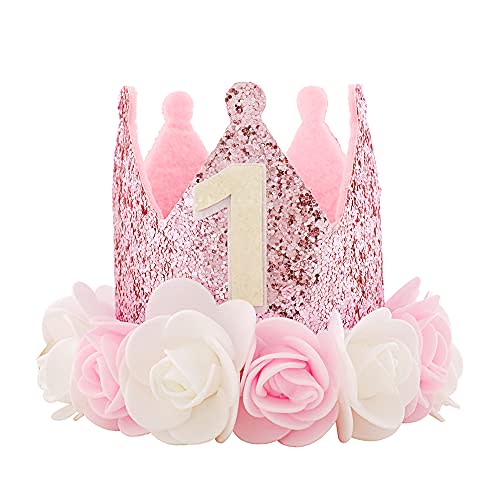 Kbrand Hat First Birthday 1st For Baby Girl Decoration Gifts Rose Gold Baby Pink Party Crown One Year Old Flowers Princess Pink 3inch