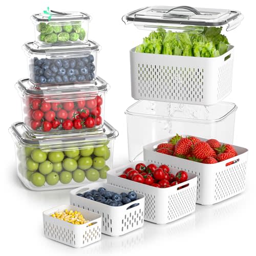 Fruit Storage Containers for Fridge - 5 Size Berry Containers for Fridge Keep Fresh with Colanders and Vent Handle Lids, Clear Vegetable Storage Containers for Refrigerator, Lettuce Keeper