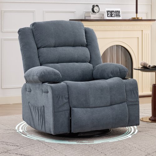 Garvee Blue Wide Rocking Recliner Chair for Adults 360 Degree Swivel Glider Design Upholstered Deep Seat Linen Surface Built in Cup Holder Side Storage Pocket Multi Purpose Lazy Chair for Living Room And Nursery Spaces