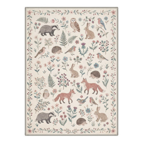 Bungalow Rose Rustic Woodland Creatures Machine Washable Oatmeal Beige Indoor Area Rug With Non-Slip Backing | Wayfair