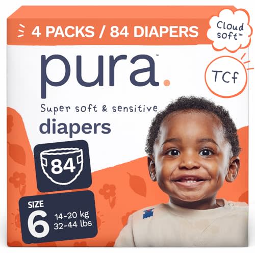 Pura Baby Diapers Size 6-84 Count, 32-44lbs, 12hr Leak Protection, Cloud Soft & Gentle Diapers for Hypoallergenic & Sensitive Baby Skin, Toxin-Free*, Organic Cotton, Blowout Blocker™, New Size Guide