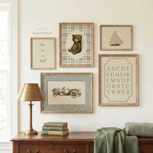 Set of 5 Neutral Nursery Art Prints: Vintage teddy Bear, Car and Alphabet