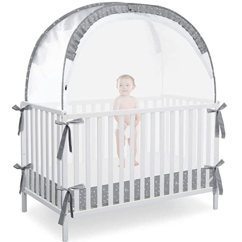 L RUNNZER Pop Up Baby Crib Tent, Crib Net Canopy to Keep Baby in, Crib Mosquito Net with Viewing Window, Soft Mesh Cover & Pop Up Structure