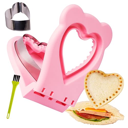 Uncrustable Sandwich Maker Sealer Cutter, Heart Shape, Pink | Detachable Design with Cleaning Brush, Sandwich Cutters for Kids Lunch, Crustless Sandwich Cutter, PB&J Uncrustable Maker