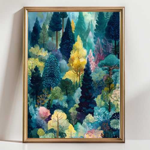 Whimsical Abstract Forest Wall Art – Colorful Tree Landscape Print, Fantasy Nature Watercolor Woodland Home Decor