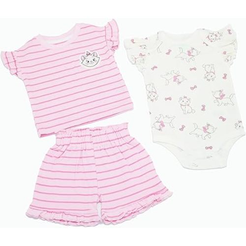 Magic Threadz Disney Clothes Baby Girls 3-Piece Short Set – Marie, Pooh, Minnie, Stitch & Bambi Newborn Outfit Set (0M–24M)