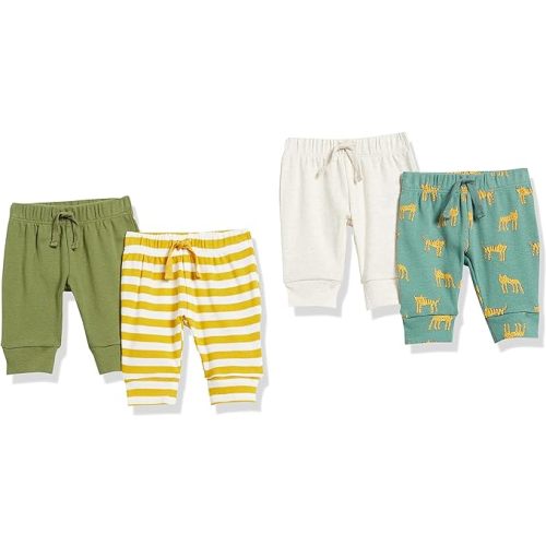 Amazon Essentials Baby Boys' Cotton Pull-On Pants, Multipacks - 4 - Beige/Green Tiger/Olive/Yellow Stripe - Preemie