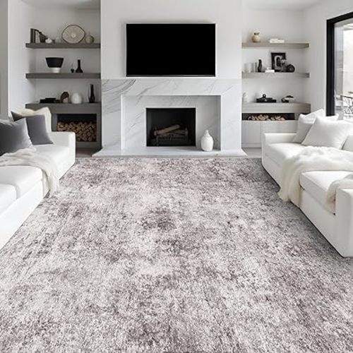 Abstract 9x12 Washable Rug: Modern Ultra Non Slip Area Rug Soft Carpet Foldable Distressed Stain Resistant Neutral Rugs for Living Room Bedroom Decor Large Indoor Farmhouse Rug 9'x12' Gray Cream