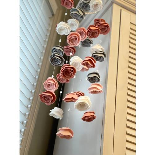 Baby girl nursery mobile hanging decor pink and gray blush crystals pearls