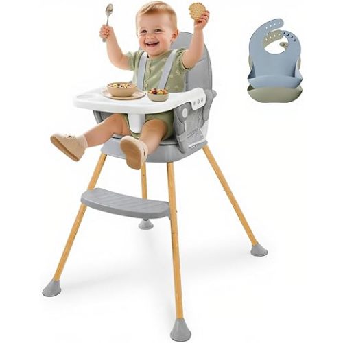 Baby High Chair, High Chairs for Babies, Portable Dining Seat with Adjustable Food Tray & Footrest, Compact Infant Feeding Chair with 2 Baby Bibs, 5-Point Harness, Easy to Fold & Clean