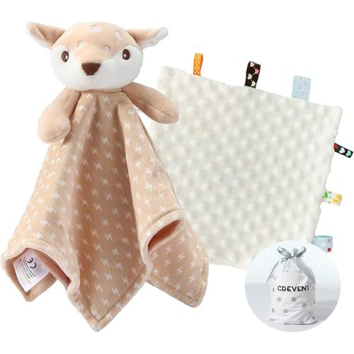 CREVENT Soft Plush Animal Face Security Blankets for Boys and Girls, Great Gifts for Birthday Baby Shower (Deer + Tag)