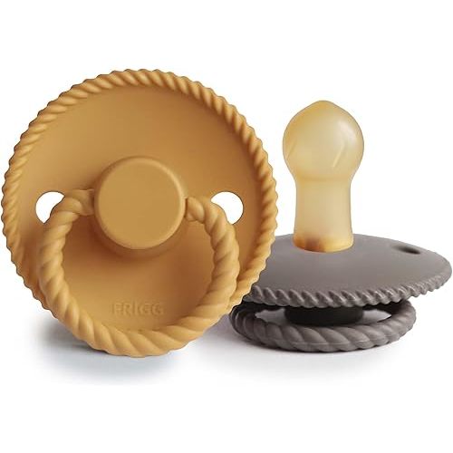 FRIGG Rope Natural Rubber Baby Pacifier | Made in Denmark | BPA-Free (Honey Gold/Portobello, 0-6 Months)
