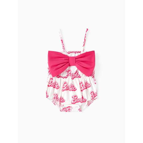 Barbie Baby Girl 95% Cotton Allover Letter Print Bow Front Cami Romper PinkyWhite
