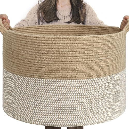 INDRESSME Extra Large Woven Baskets for Storage, 21.7'' x 13.8'' Wicker Basket with Handle for Blankets, Big Laundry Baskets for Clothes, Pillows, Towel, Shoe Basket for Entryway, 90L White Jute