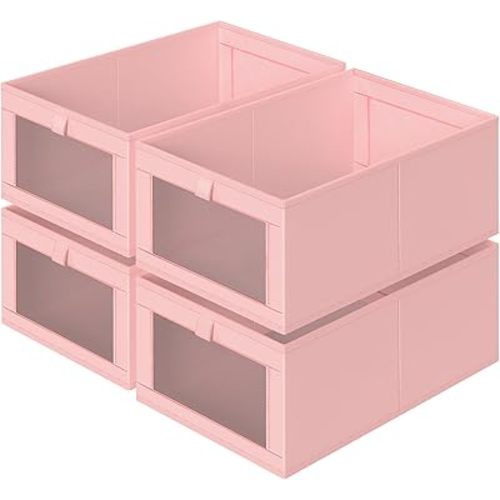 Criusia 4 Pack Linen Closet Organizers and Storage, Closet organizer Large Linen Closet Baskets for Organization, Foldable Storage Containers for Towels, Clothing, Jeans, Books, Shelves, Pink