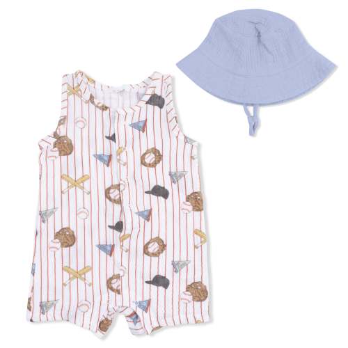 Vintage Baseball Stripe - Muslin Sleeveless Shortie Romper with Bucket – Angel Dear (6-12m)