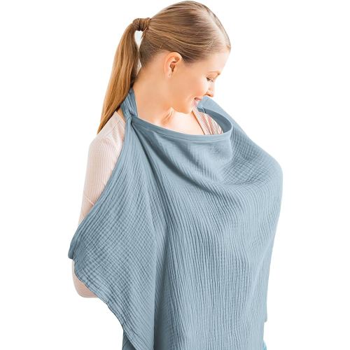 Konssy Muslin Nursing Cover for Baby Breastfeeding, Breathable 100% Cotton Breastfeeding Cover with Rigid Hoop for Mother Nursing Apron, Multi-use Carseat Canopy (Blue)