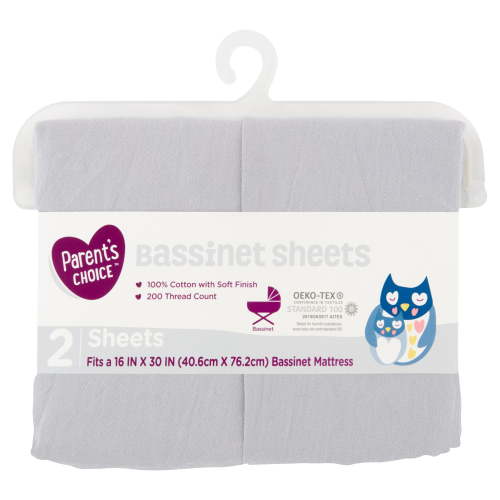 Parent's Choice 100% Cotton Bassinet Fitted Sheets, Gray, 2-Pieces