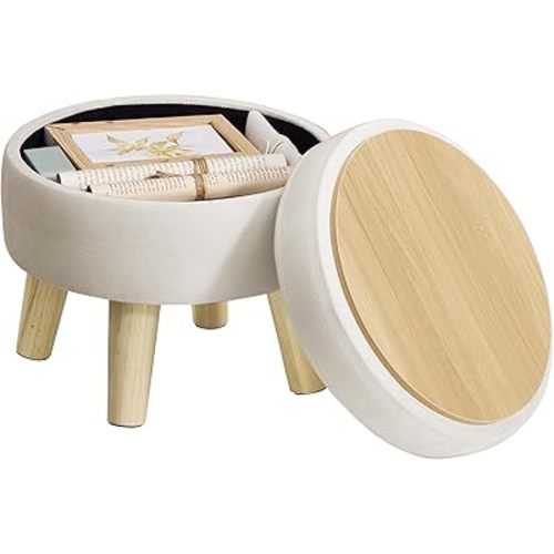 SONGMICS Storage Ottoman, Foot Stool, Round Ottoman with Padded Seat, Foot Rest with Wood Legs, Small Table, for Hallway, Living Room, 12.2 Inches, Velvet, Cream White ULOM513LH01