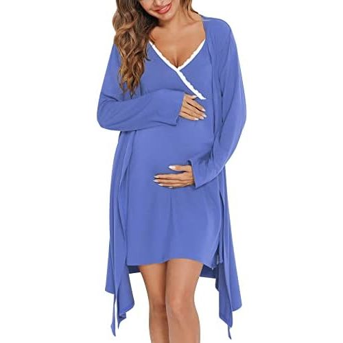 SWOMOG Womens Maternity Robe 2 Piece Nursing Nightgown for Breastfeeding 3 in 1 Labor Delivery Nursing Dress Lace Bathrobe